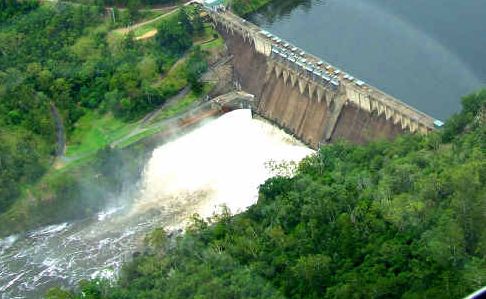 Water gushes from the Somerset Dam in this aerial shot take from a Pterodactyl helicopter. Water gushes from the Somerset Dam in this aerial shot take from a Pterodactyl helicopter.